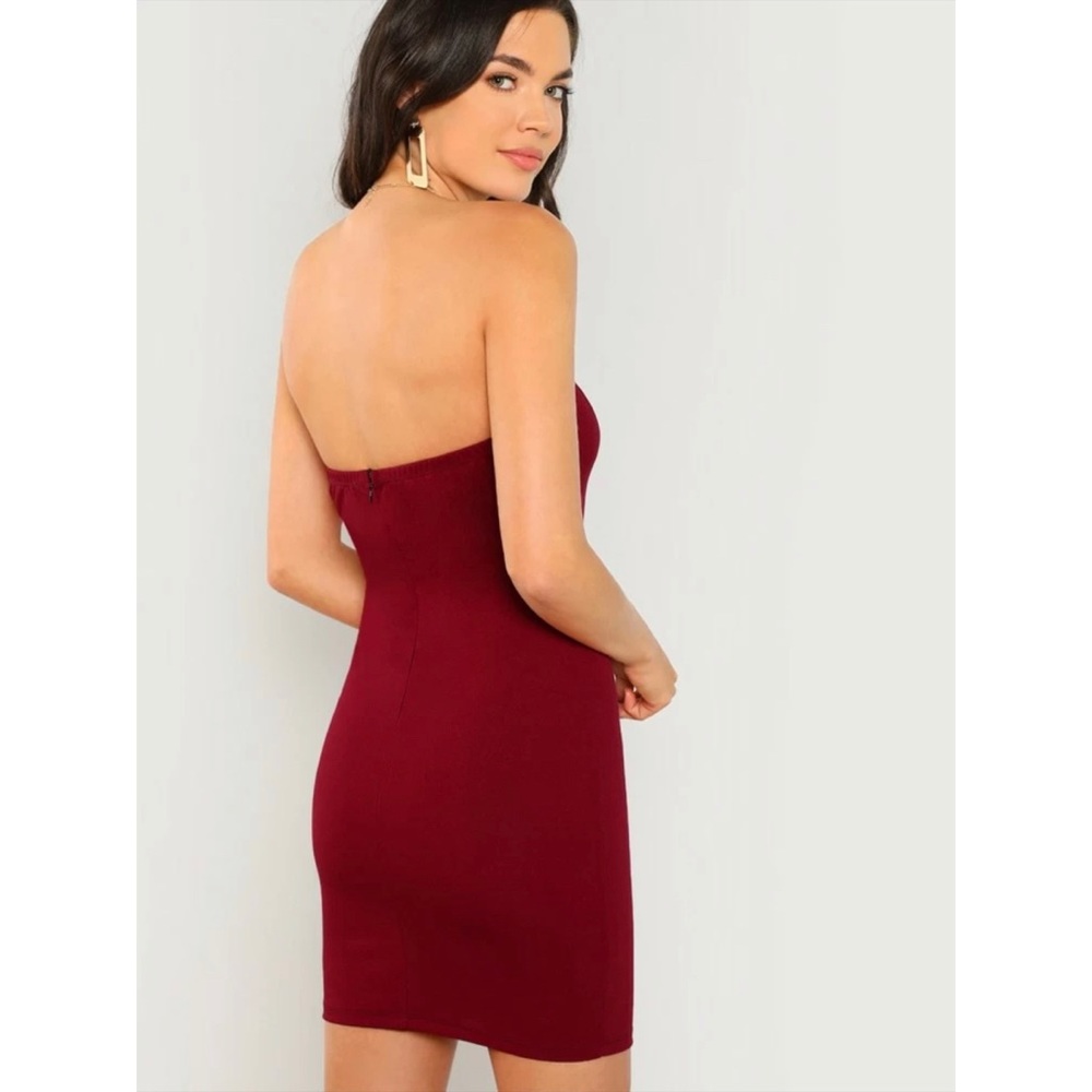 Deep v strapless dress maroon dark red bodycon - Picture 3 of 4